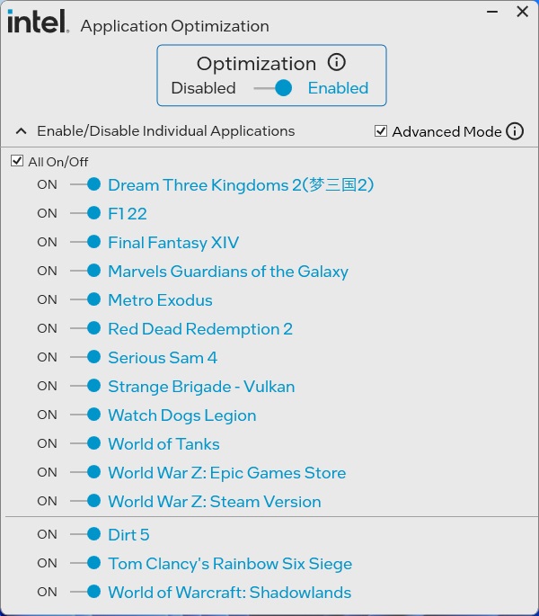 Launch the supported game once, and it will show up in Intel Application Optimization